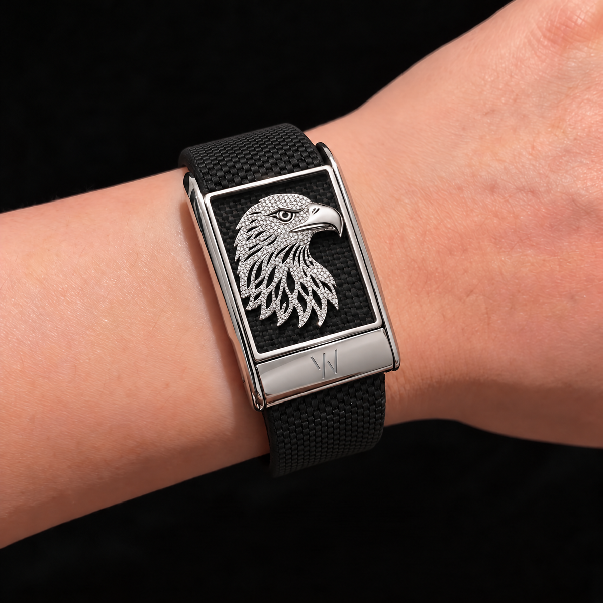 Bald Eagle Diamond WHOOP 5.0 case set with moissanite – angle view – Zius Jewels