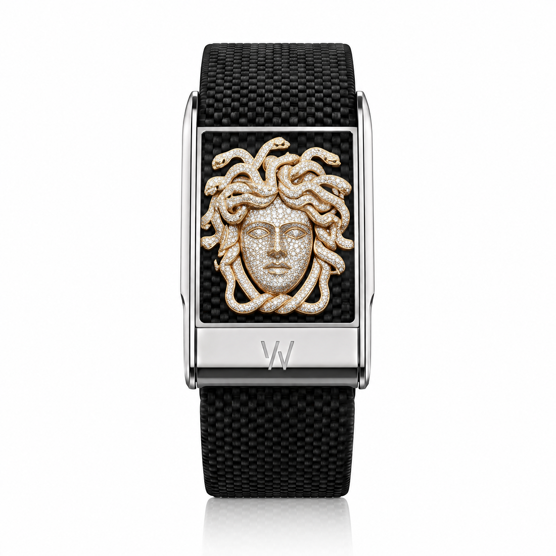 Gold Medusa Head Diamond WHOOP 5.0 case set with moissanite – front view – Zius Jewels