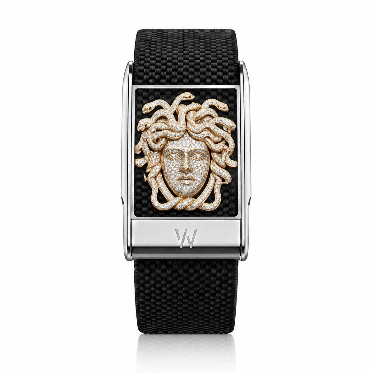 Gold Medusa Head Diamond WHOOP 5.0 case set with moissanite – front view – Zius Jewels