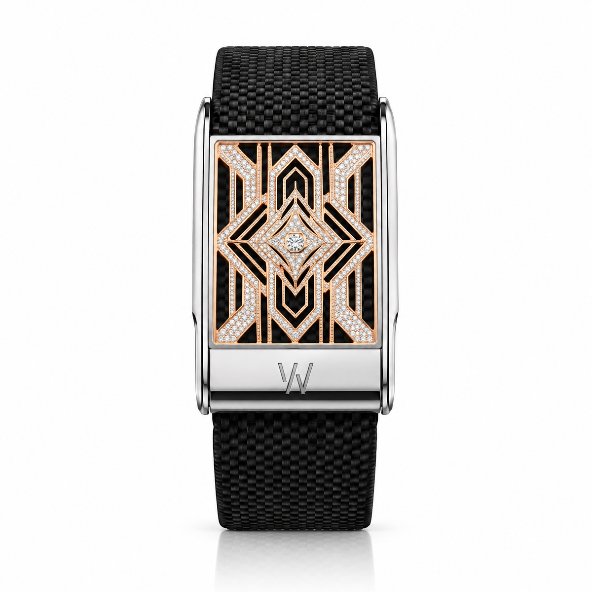 Rose Gold Art Deco Diamond WHOOP 5.0 case set with moissanite – front view – Zius Jewels