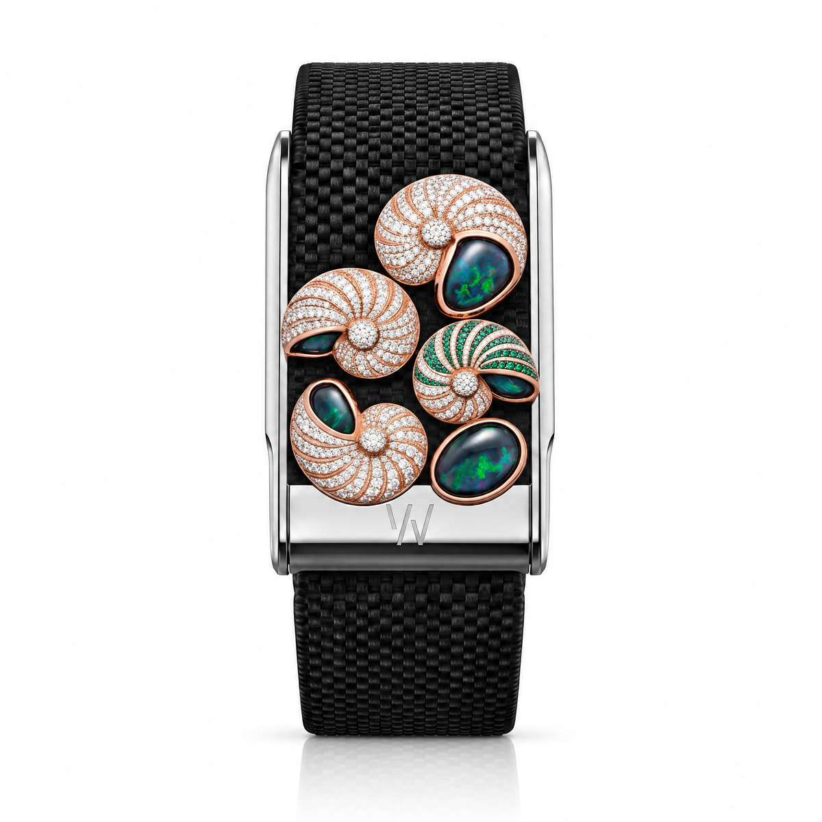 Nautilus Seashell Diamond WHOOP 5.0 case set with moissanite – front view – Zius Jewels