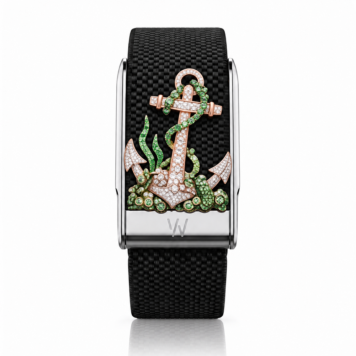 Anchor & Seaweed Diamond WHOOP 5.0 case set with moissanite – front view – Zius Jewels