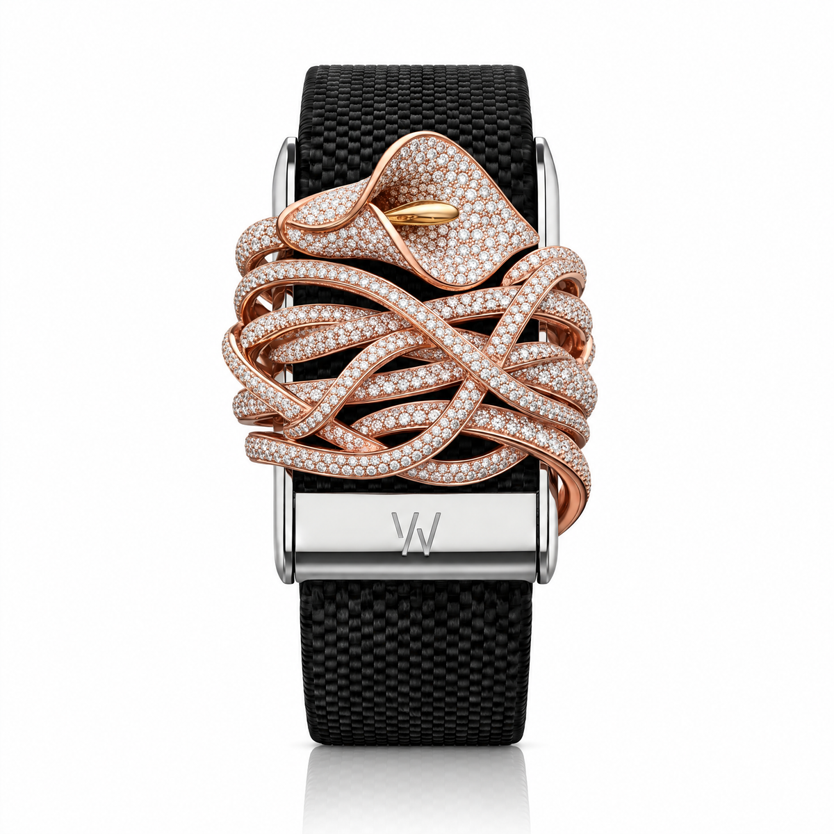 Rose Gold Coiled Serpent Diamond WHOOP 5.0 case set with moissanite – front view – Zius Jewels
