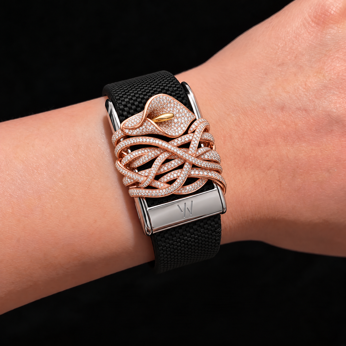 Rose Gold Coiled Serpent Diamond WHOOP 5.0 case set with moissanite – angle view – Zius Jewels