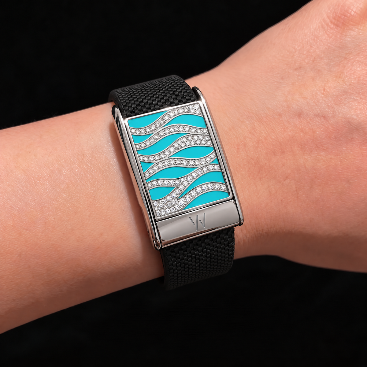 Turquoise Wave Diamond WHOOP 5.0 case set with moissanite – angle view – Zius Jewels