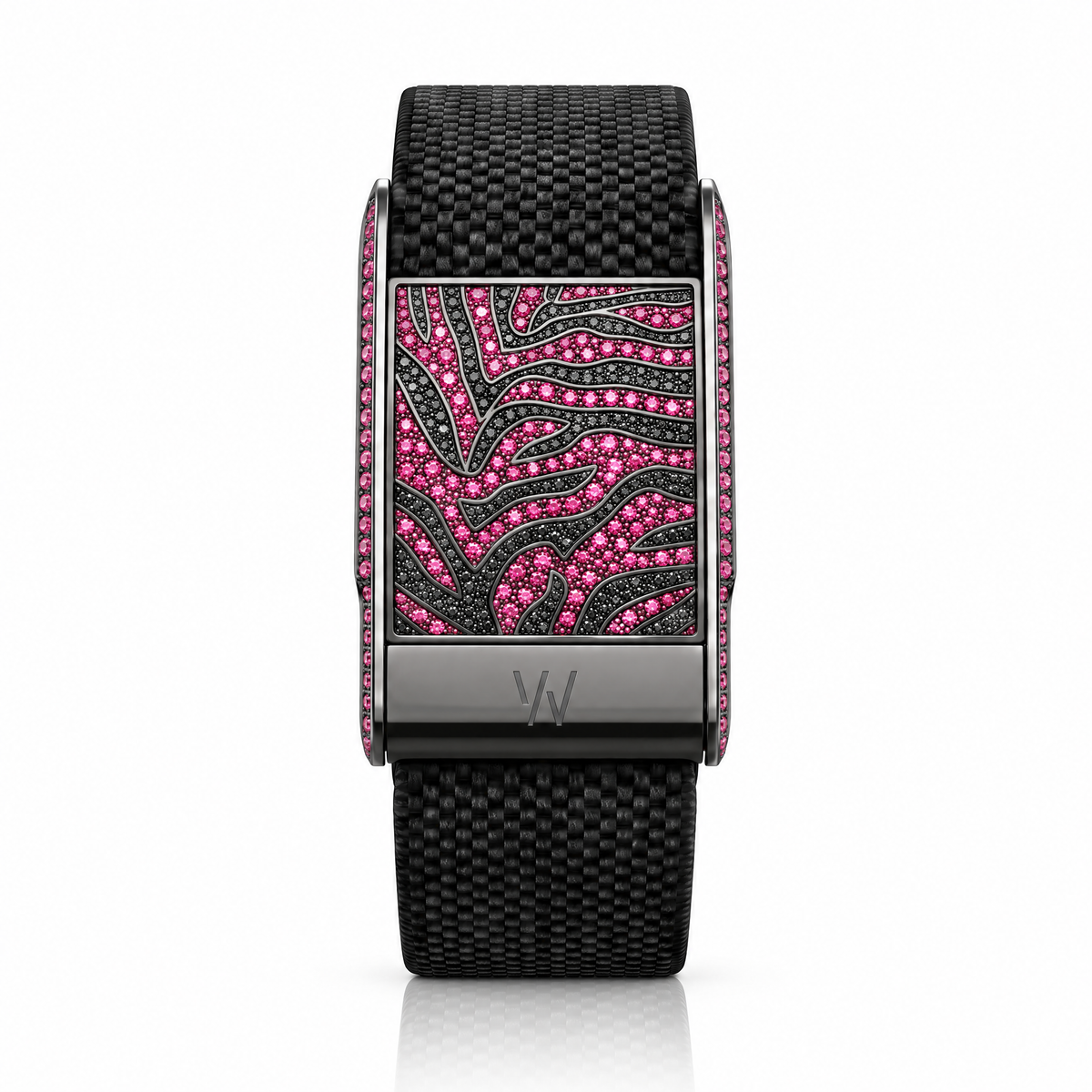 Pink Ruby Zebra Stripe Diamond WHOOP 5.0 case set with moissanite – front view – Zius Jewels