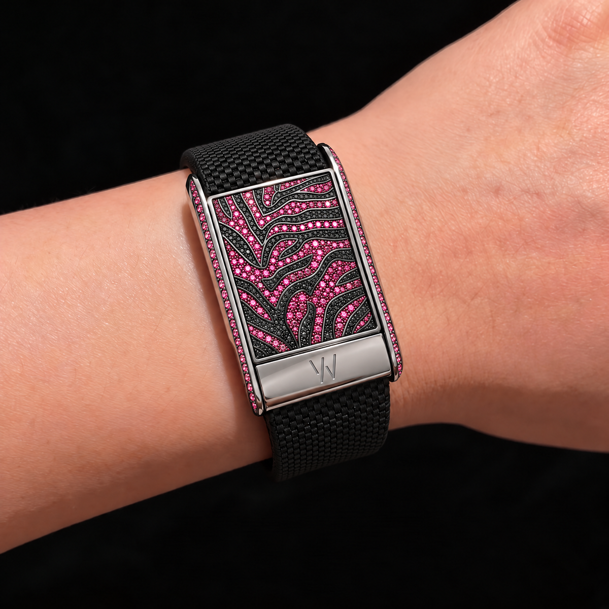 Pink Ruby Zebra Stripe Diamond WHOOP 5.0 case set with moissanite – angle view – Zius Jewels