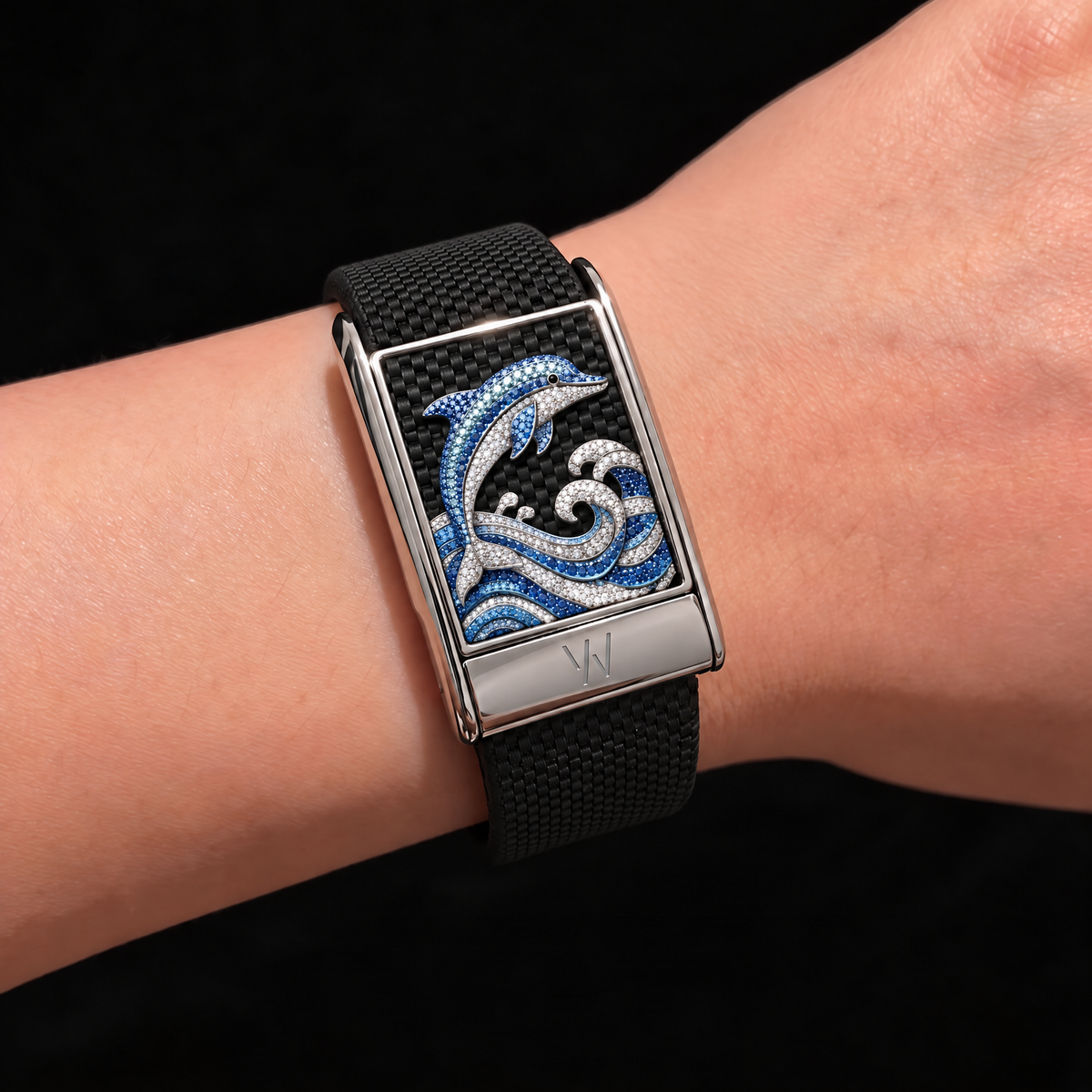 Sapphire Dolphin Diamond WHOOP 5.0 case set with moissanite – angle view – Zius Jewels