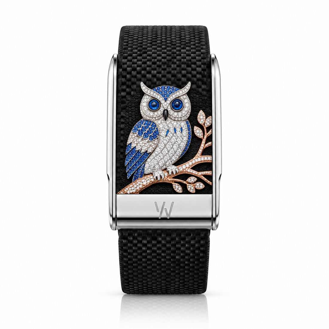 Sapphire Owl Diamond WHOOP 5.0 case set with moissanite – front view – Zius Jewels
