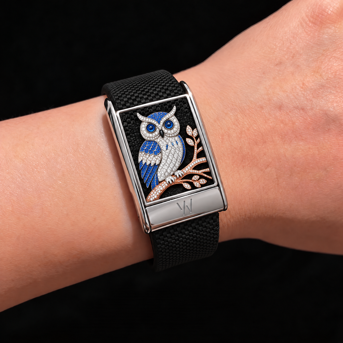 Sapphire Owl Diamond WHOOP 5.0 case set with moissanite – angle view – Zius Jewels