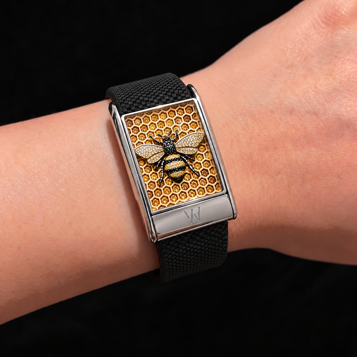 Bee & Honeycomb Diamond WHOOP 5.0 case set with moissanite – angle view – Zius Jewels
