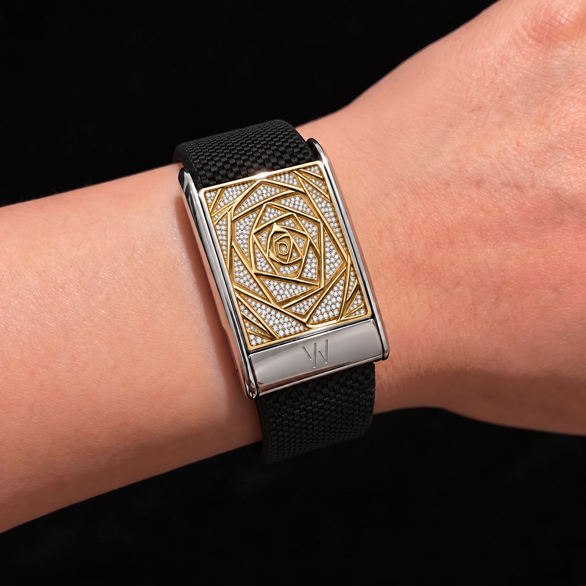 Gold Rose Diamond WHOOP 5.0 case set with moissanite – angle view – Zius Jewels