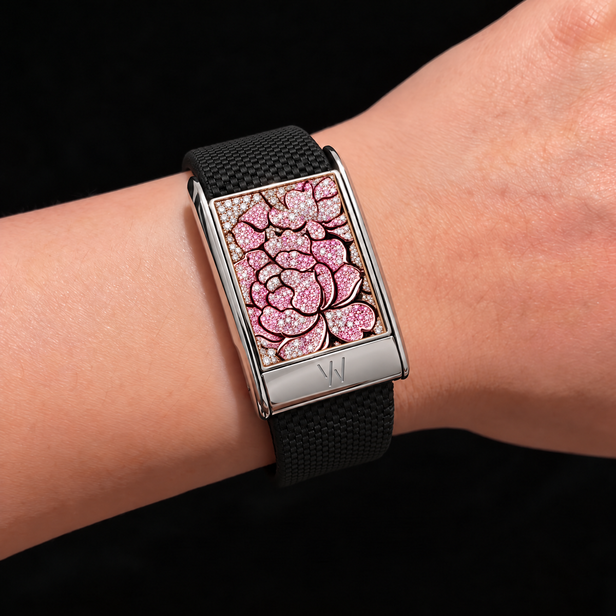 Pink Peony Diamond WHOOP 5.0 case set with moissanite – angle view – Zius Jewels