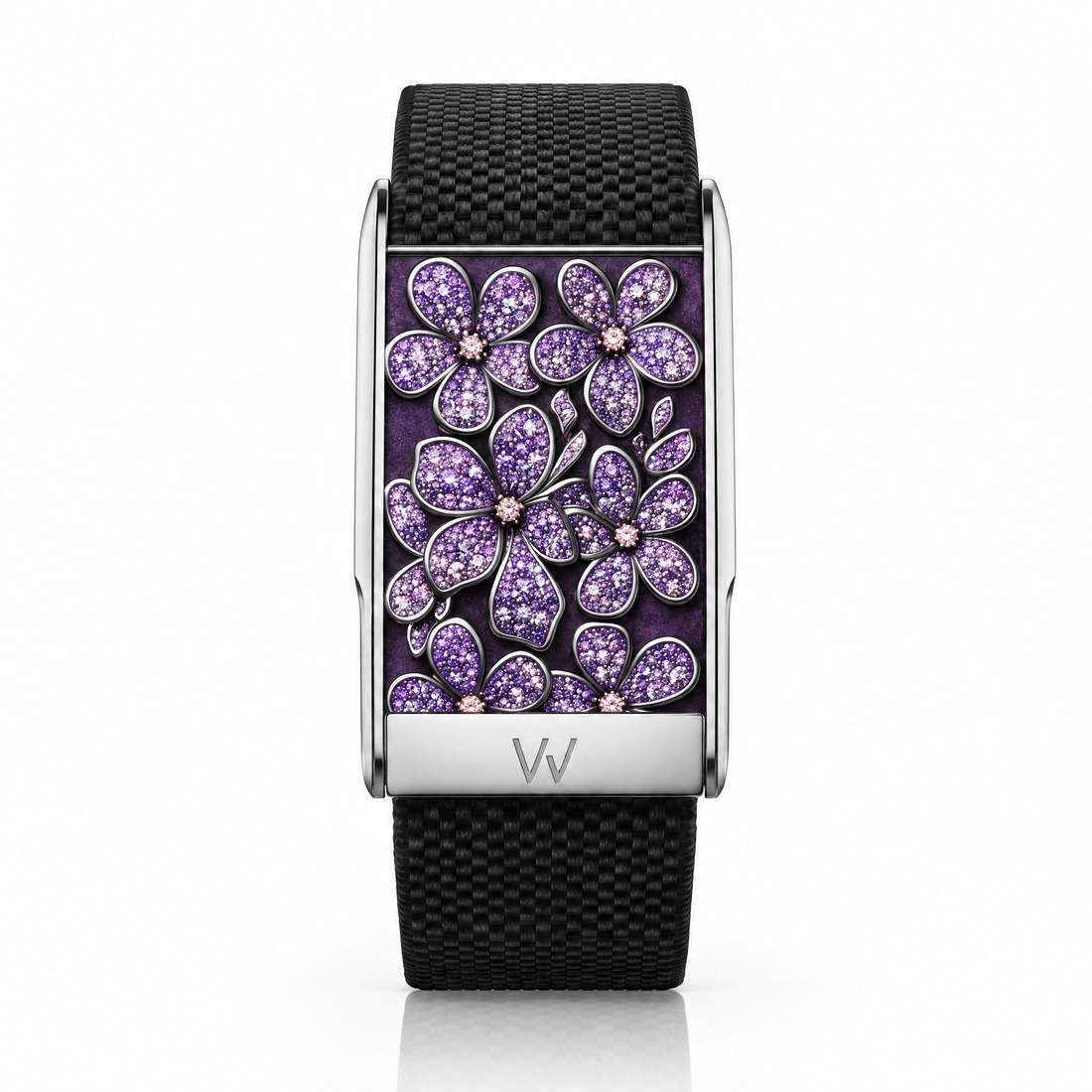 Purple Amethyst Flower Diamond WHOOP 5.0 case set with moissanite – front view – Zius Jewels