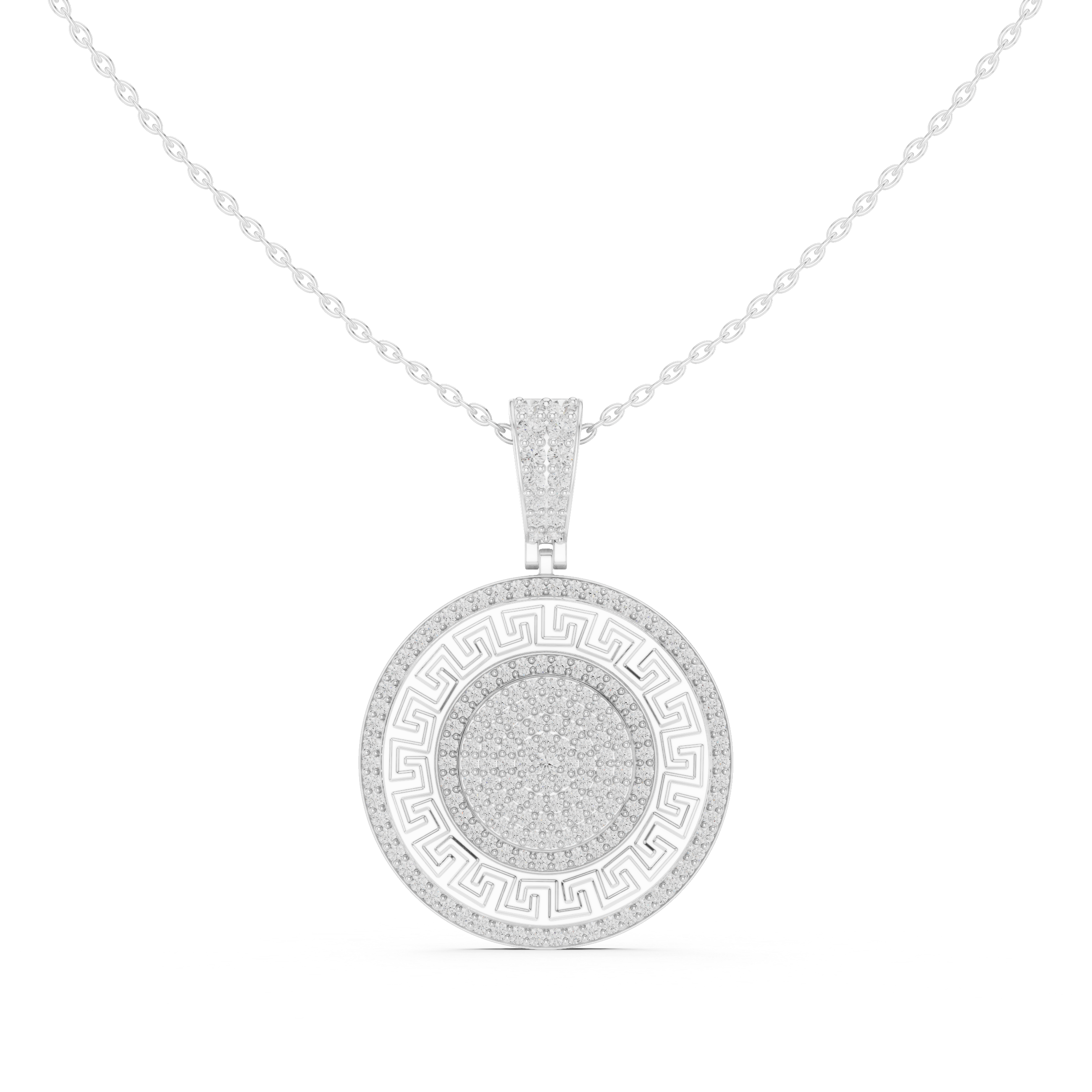 Round Luxe Halo Moissanite Medallion Pendant in White Gold