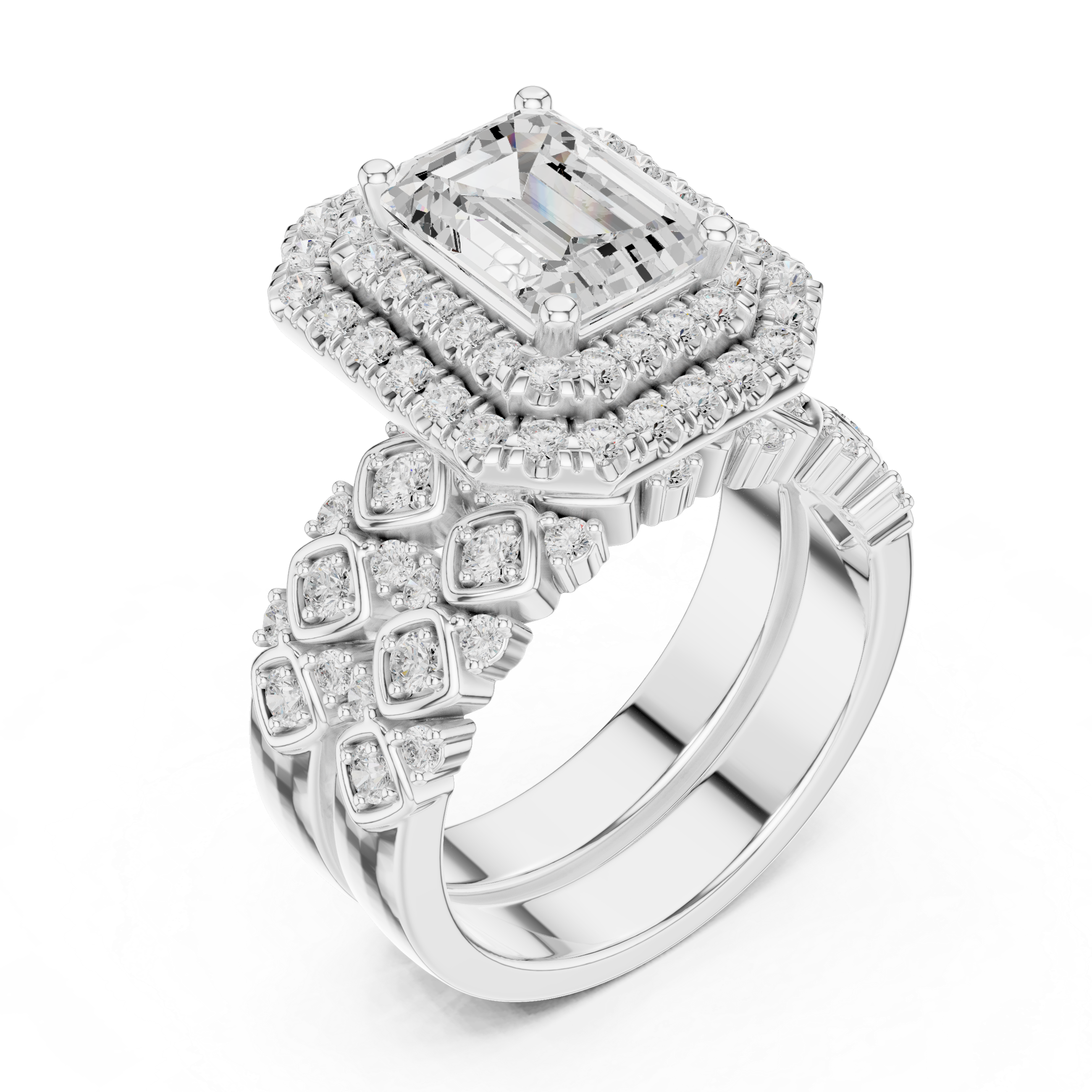 Emerald And Round Cut Brilliant Moissanite VVS1 Eternity Engagement Ring