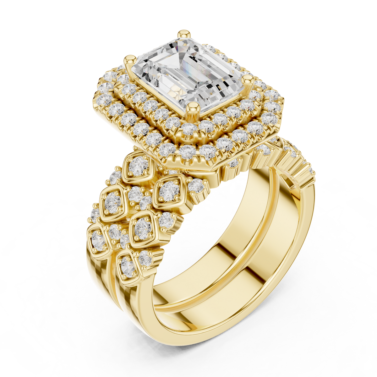Emerald And Round Cut Brilliant Moissanite VVS1 Eternity Engagement Ring