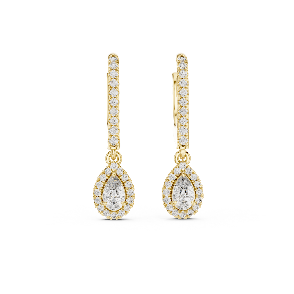 Pear And Round Yellow Gold Teardrop Halo Moissanite Dangle Earrings – Elegant Sparkle Statement