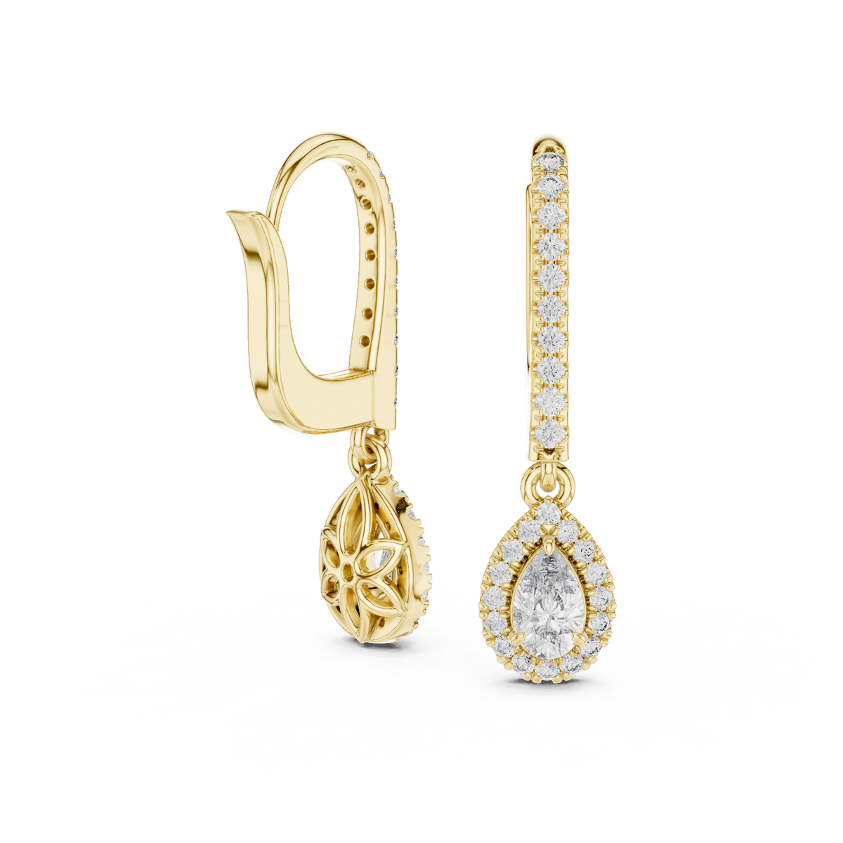 Pear And Round Yellow Gold Teardrop Halo Moissanite Dangle Earrings – Elegant Sparkle Statement