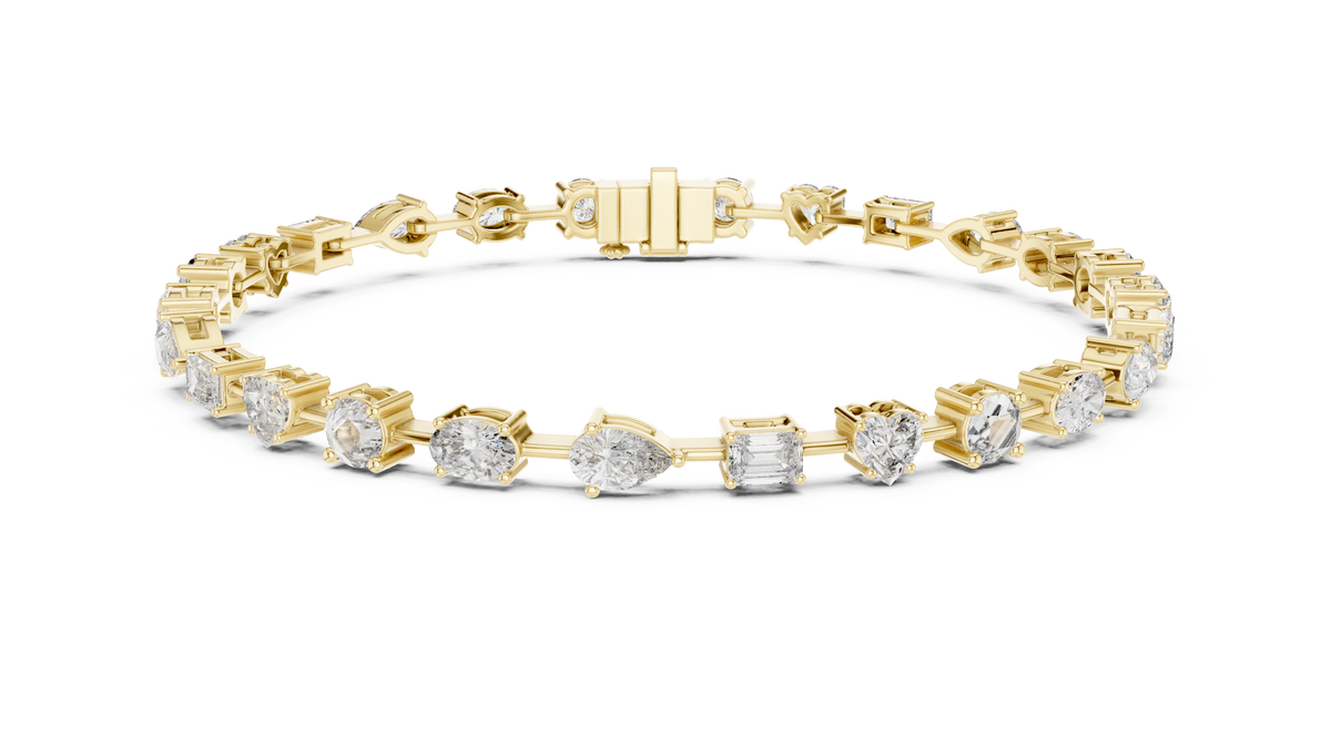 Yellow Gold Multi-Cut Moissanite Tennis Bracelet – Mixed Shape Stone Elegance