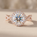 Rose Gold Round Moissanite Halo Engagement Ring with Twisted Band