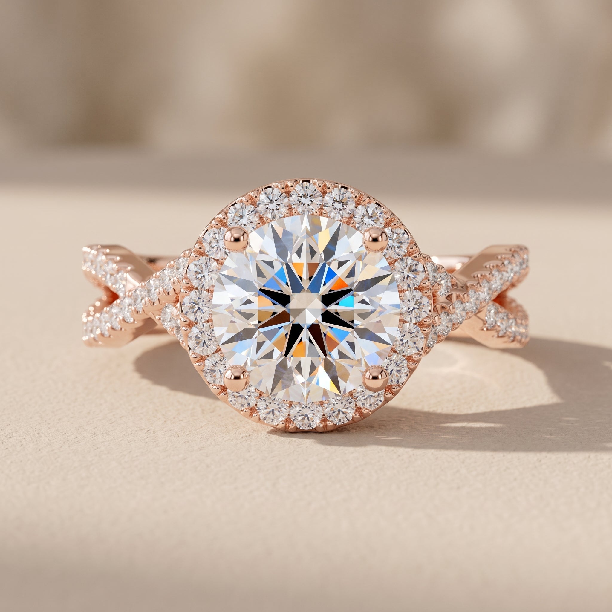 Rose Gold Round Moissanite Halo Engagement Ring with Twisted Band