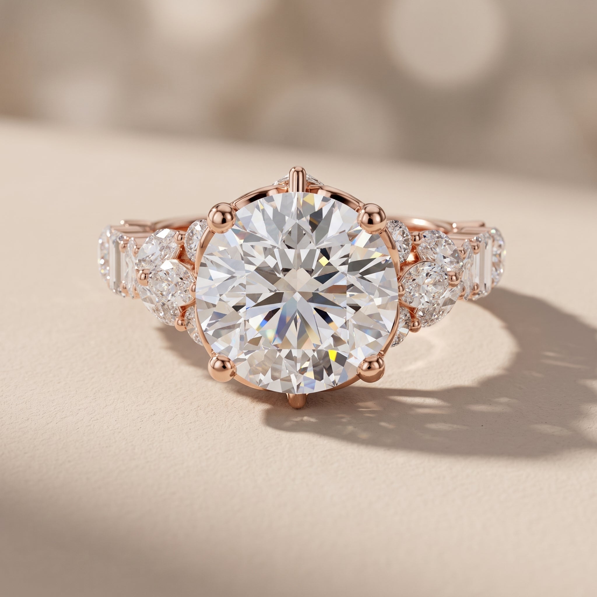 Rose Gold Round Moissanite Engagement Ring with Side Accent Stones