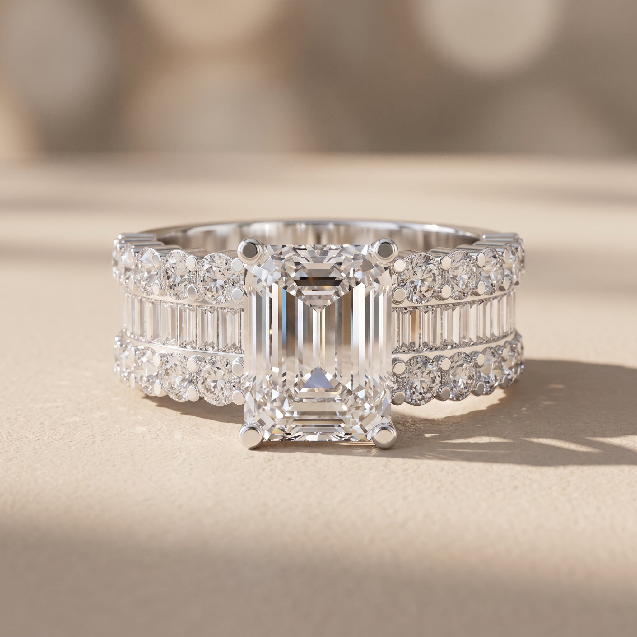 White Gold Emerald Cut Moissanite Engagement Ring Set