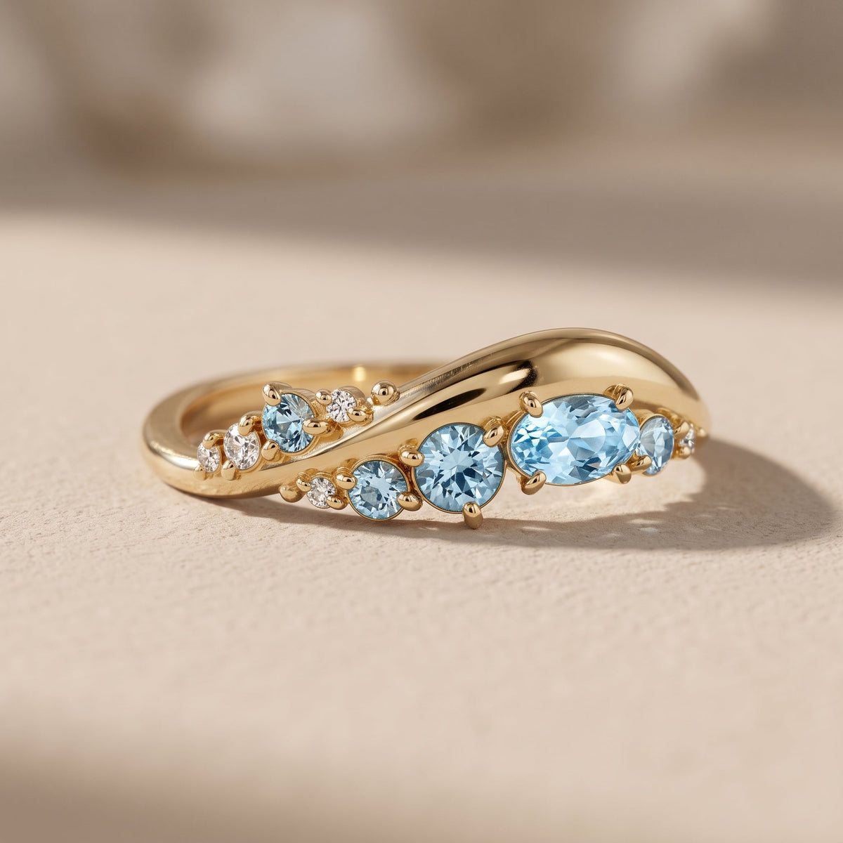 Yellow Gold Oval & Round Moissanite Curved Band Ring