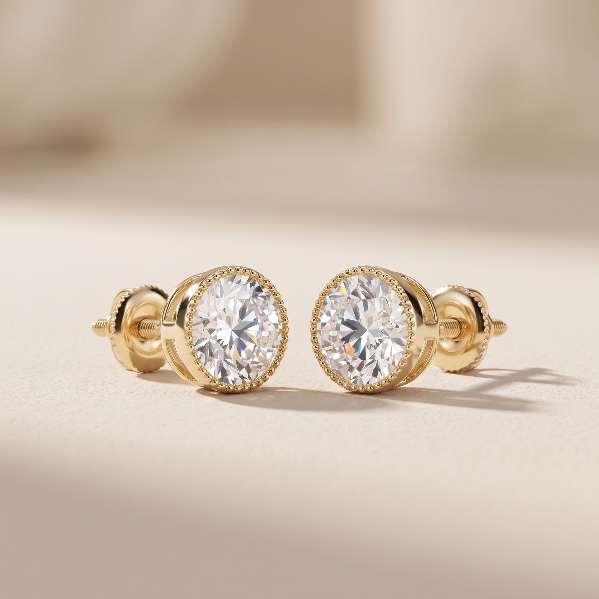 Yellow Gold Round Moissanite Stud Earrings