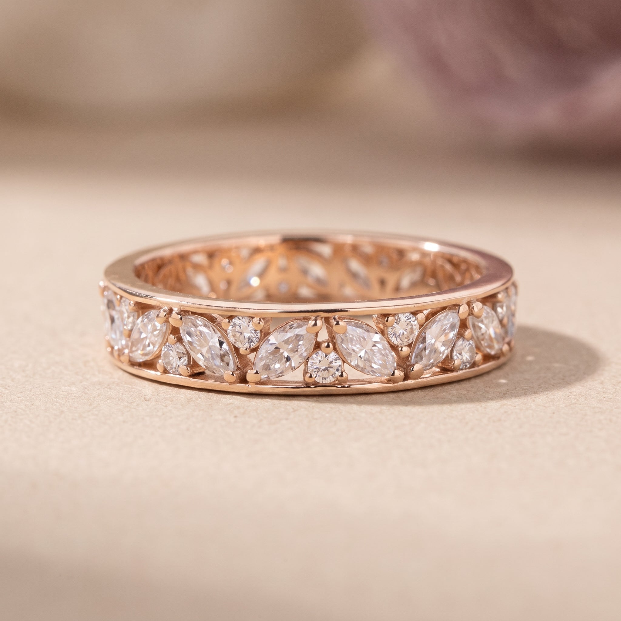 Rose Gold Marquise & Round Moissanite Band Ring