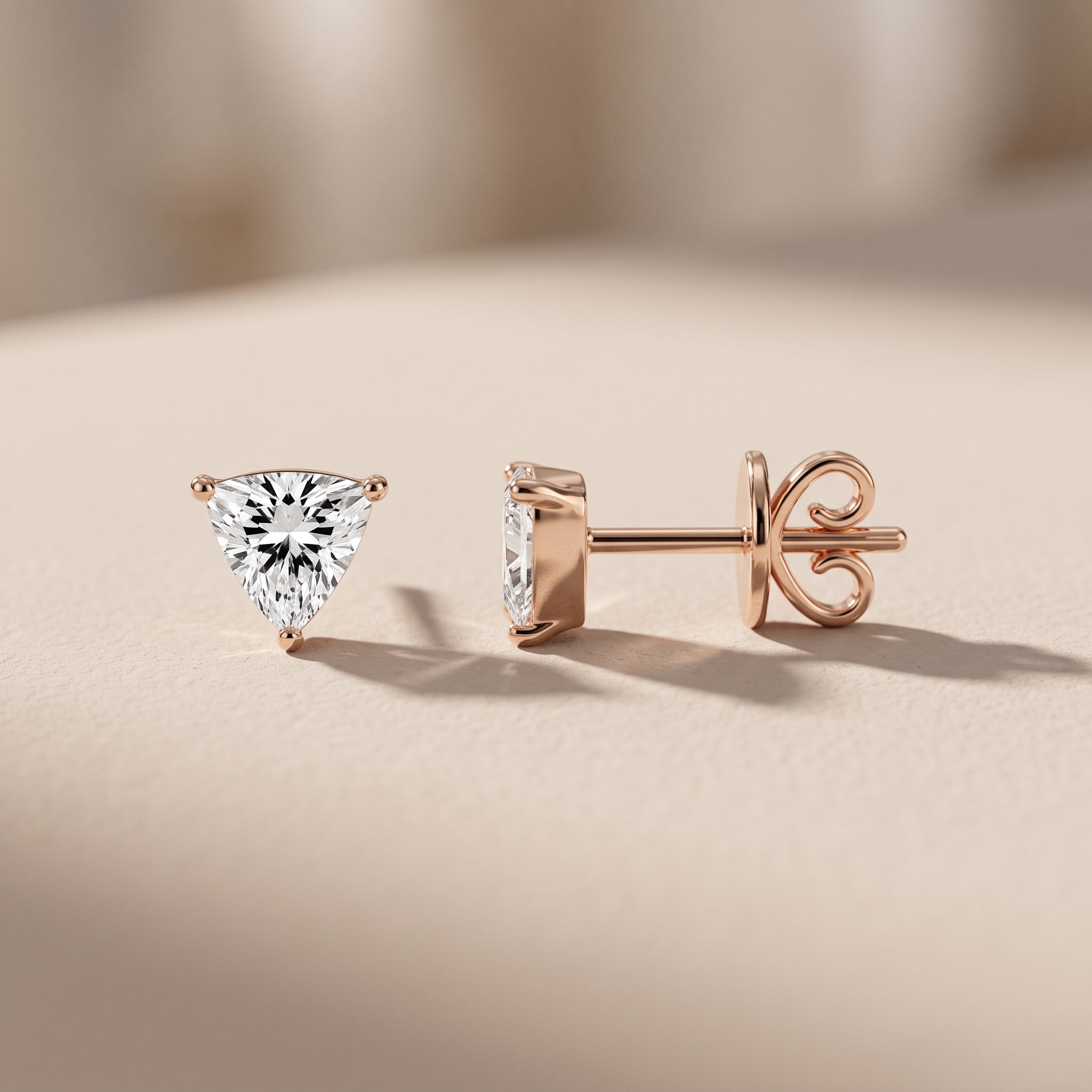 Rose Gold Trillion Cut Moissanite Stud Earrings