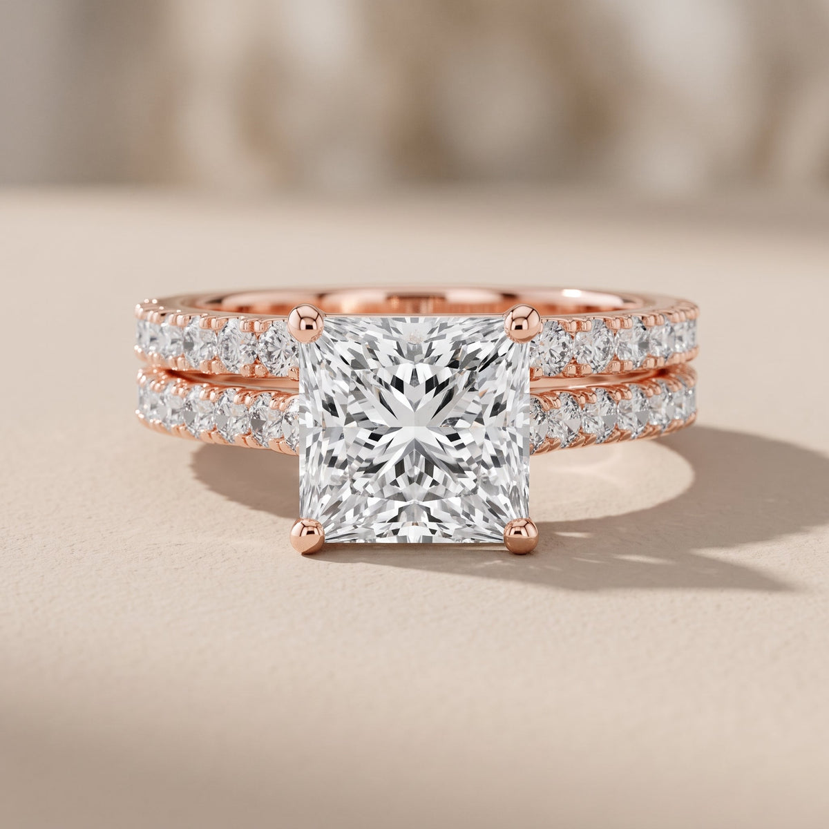 Rose Gold Princess Cut Moissanite Bridal Ring Set