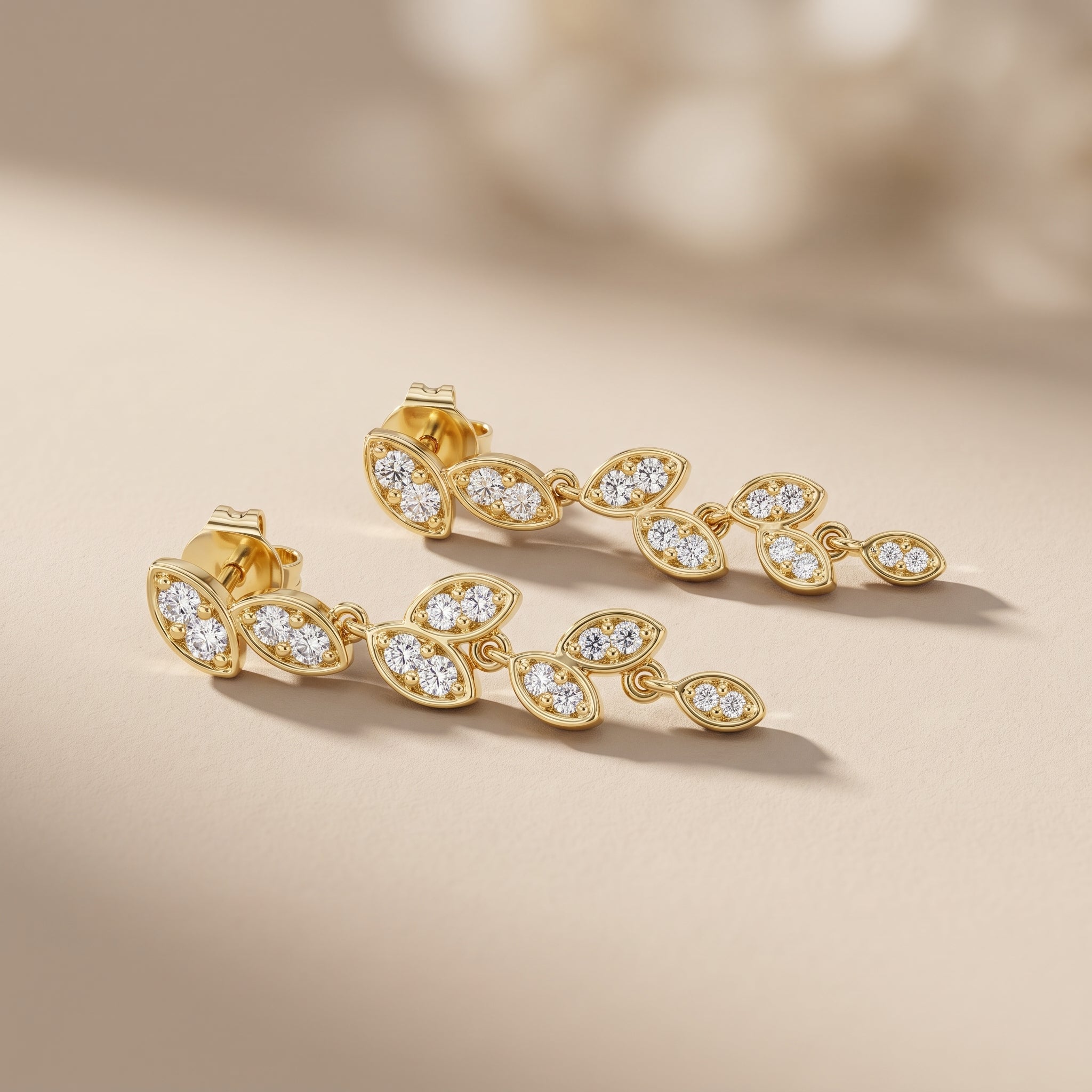 Yellow Gold Round Moissanite Drop Stud Earrings