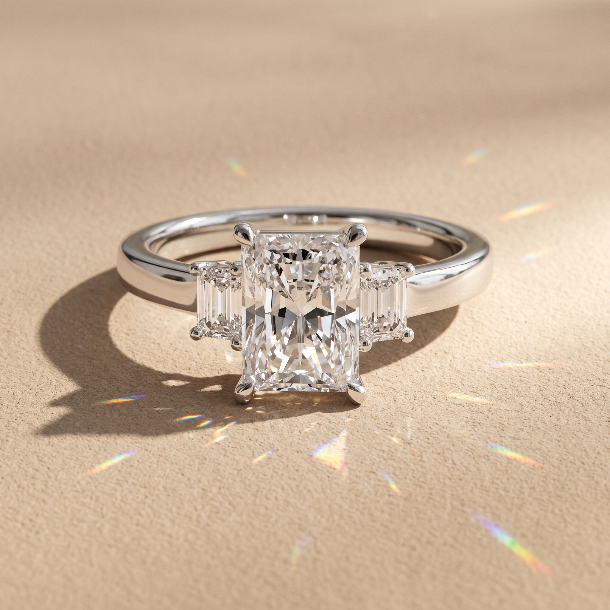 White Metal Radiant Cut Moissanite Three Stone Engagement Ring