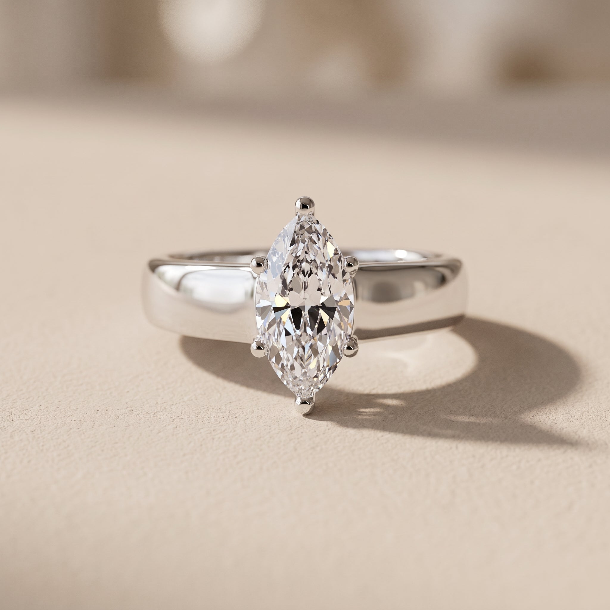 White Metal Marquise Moissanite Solitaire Engagement Ring