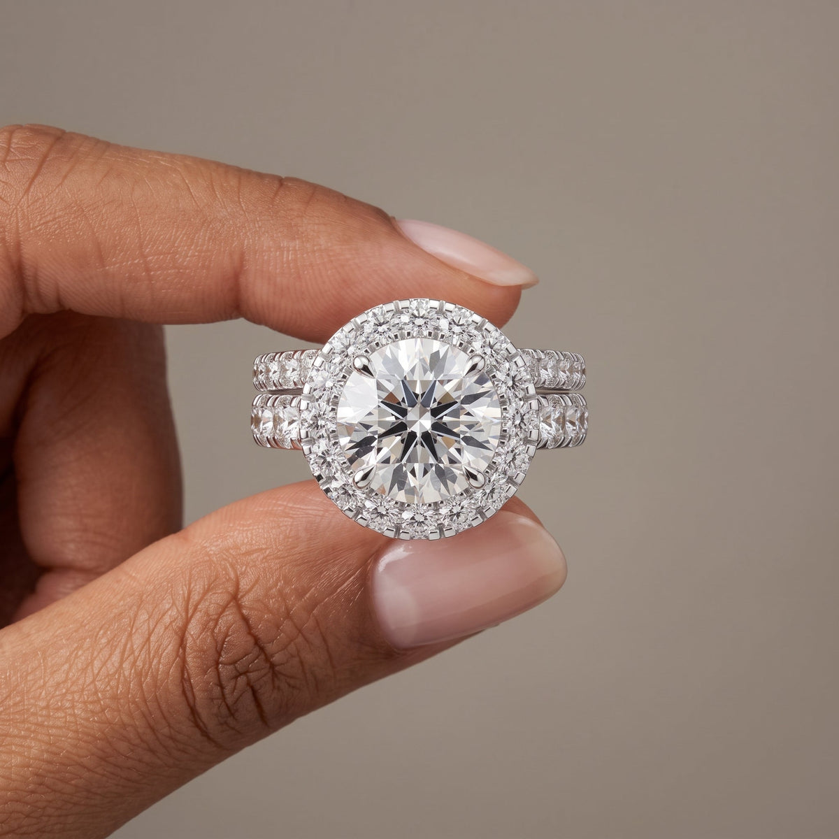 White Gold Round Moissanite Engagement Ring with Halo Bridal Set