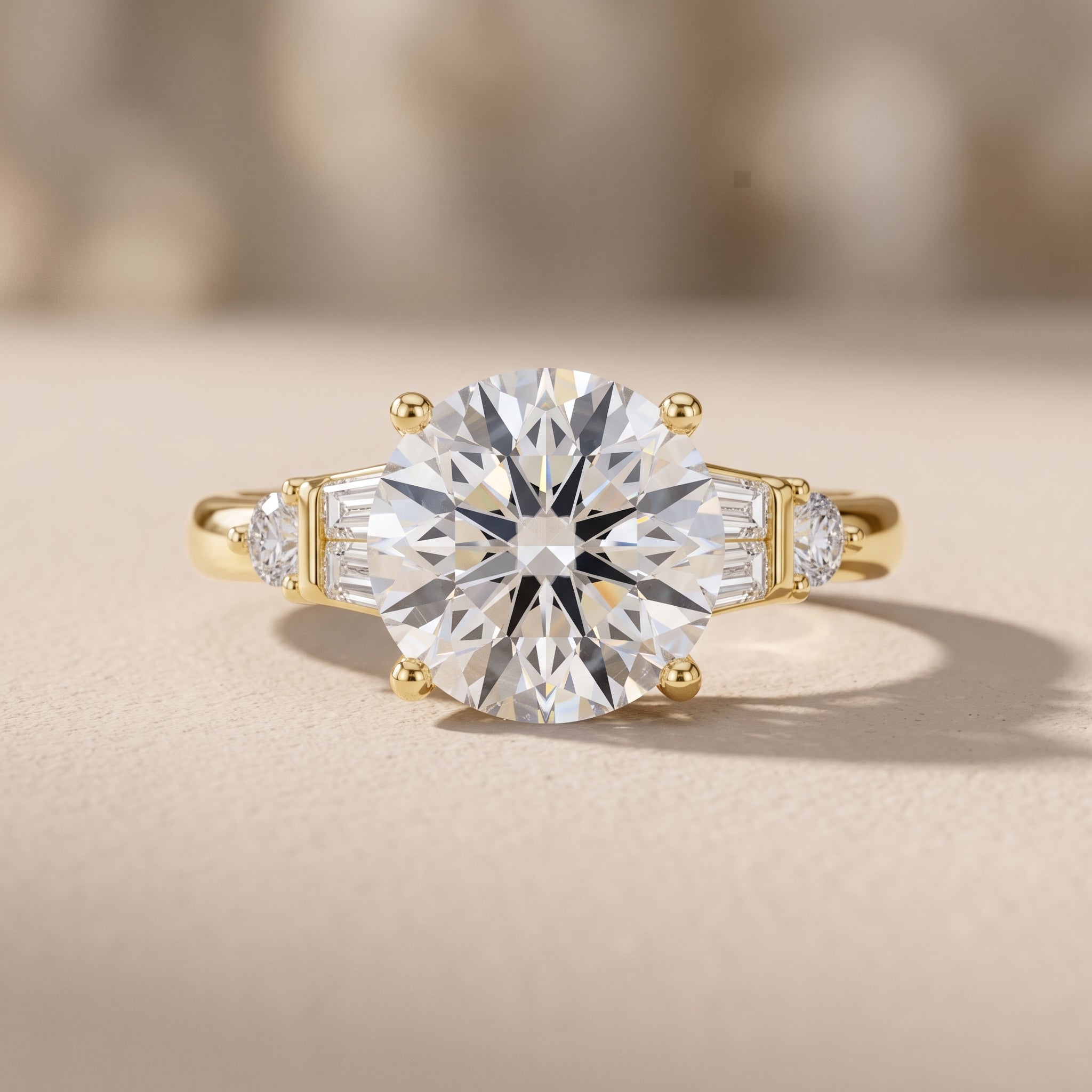 Yellow Gold Round Cut Moissanite Engagement Ring with Side Stones