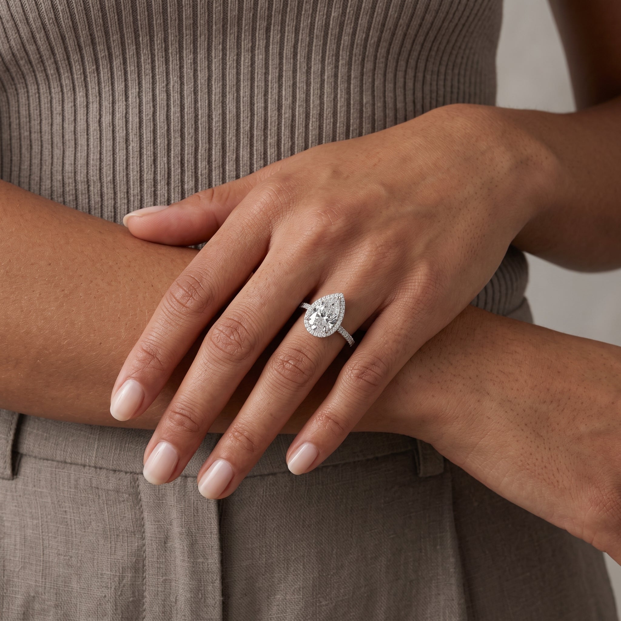 White Gold Tone Pear Moissanite Halo Engagement Ring
