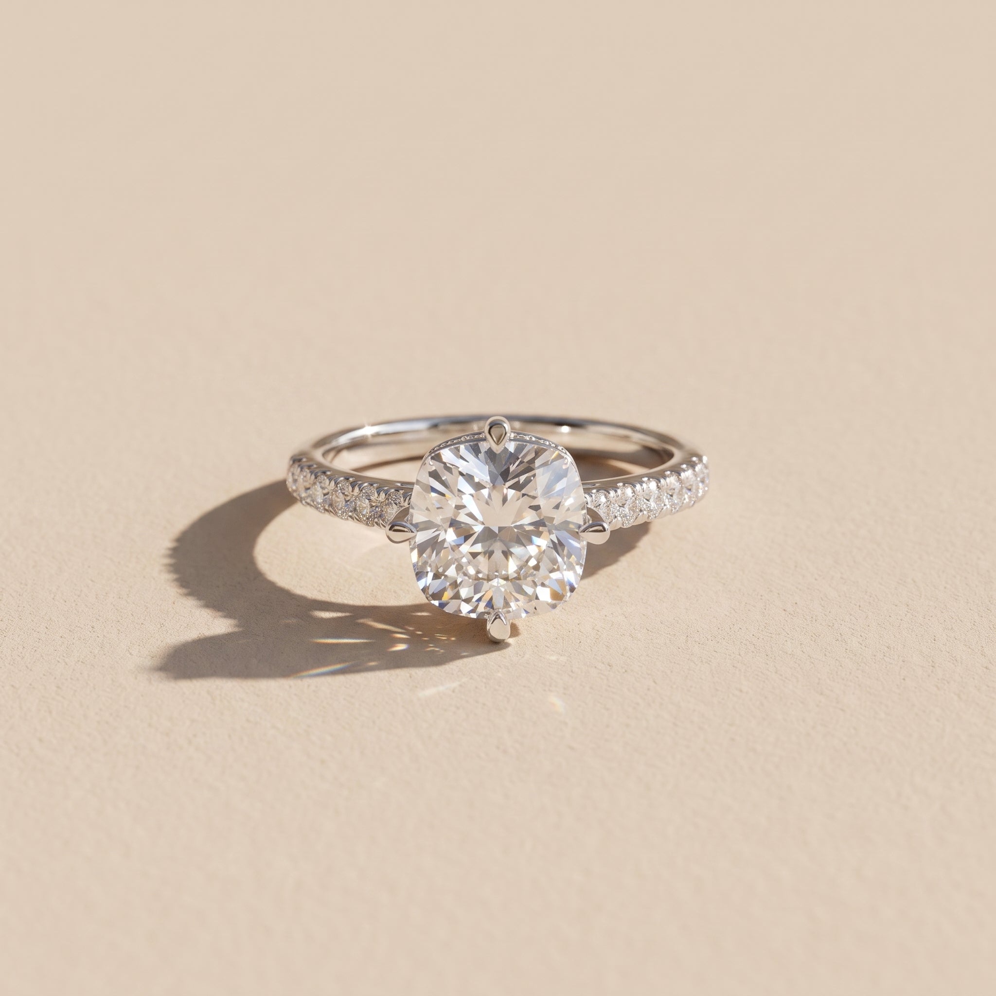 White Metal Cushion Cut Moissanite Engagement Ring