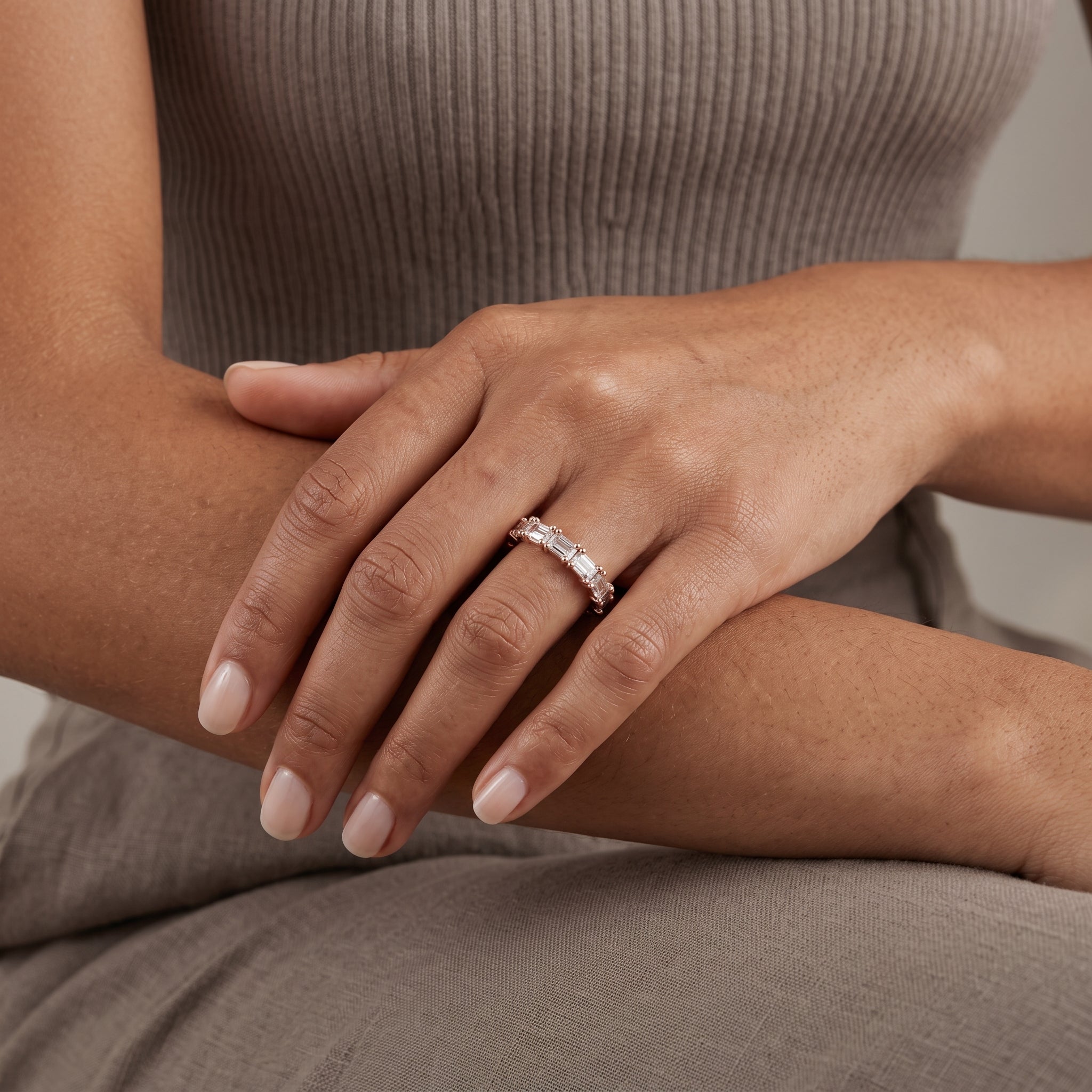 Rose Gold Emerald Cut Moissanite Eternity Band Ring