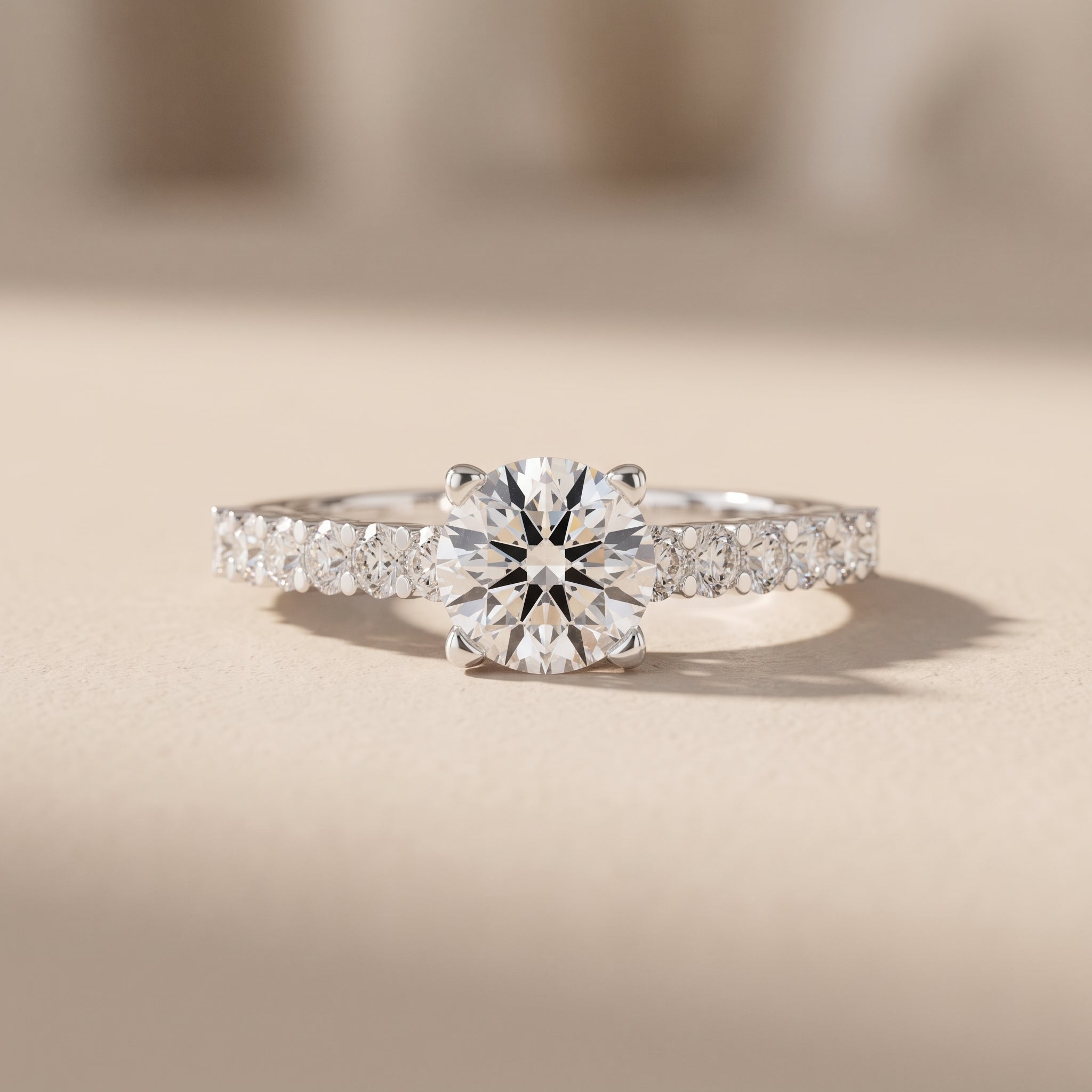 White Round Moissanite Engagement Ring with Accent Band