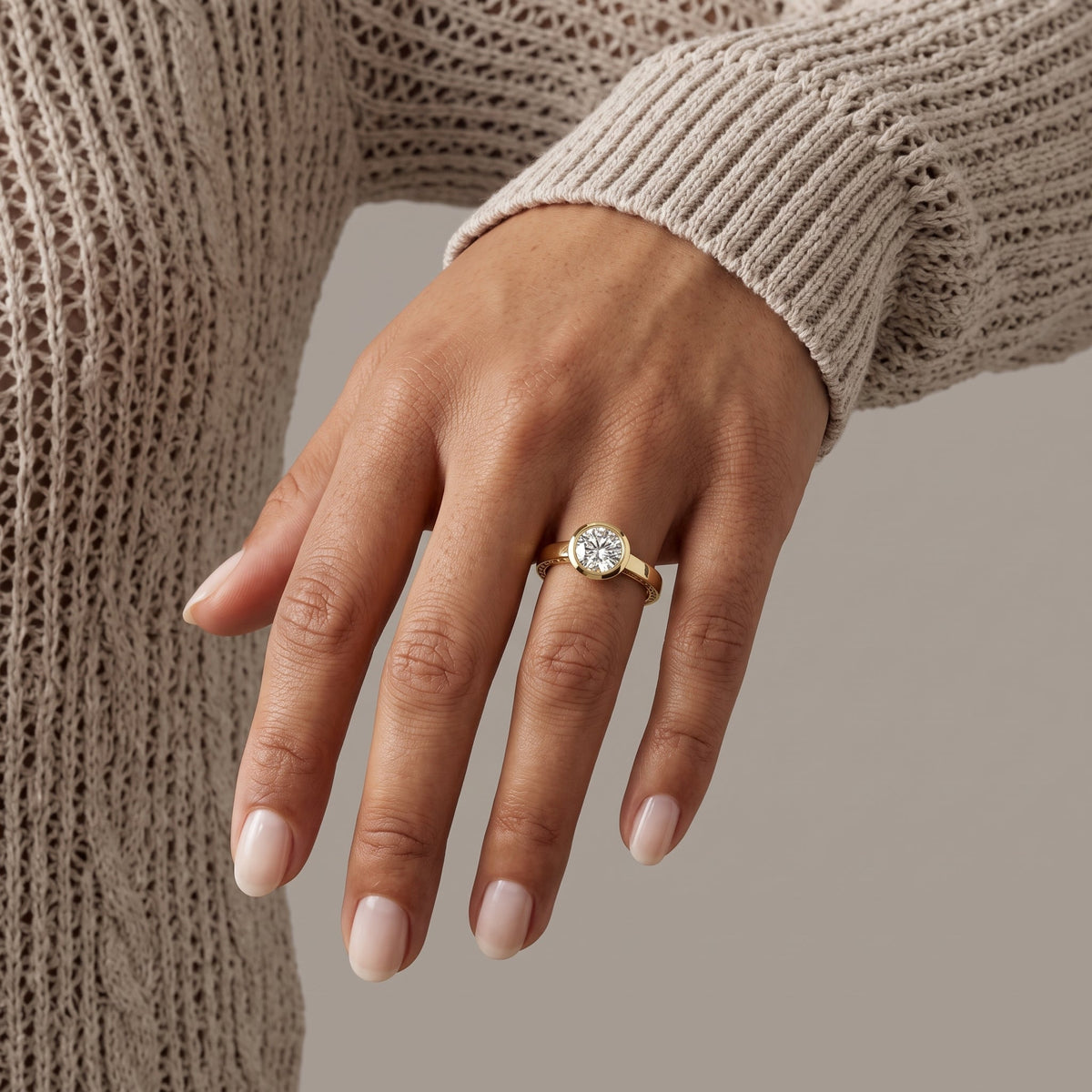 Yellow Gold Round Moissanite Bezel Engagement Ring