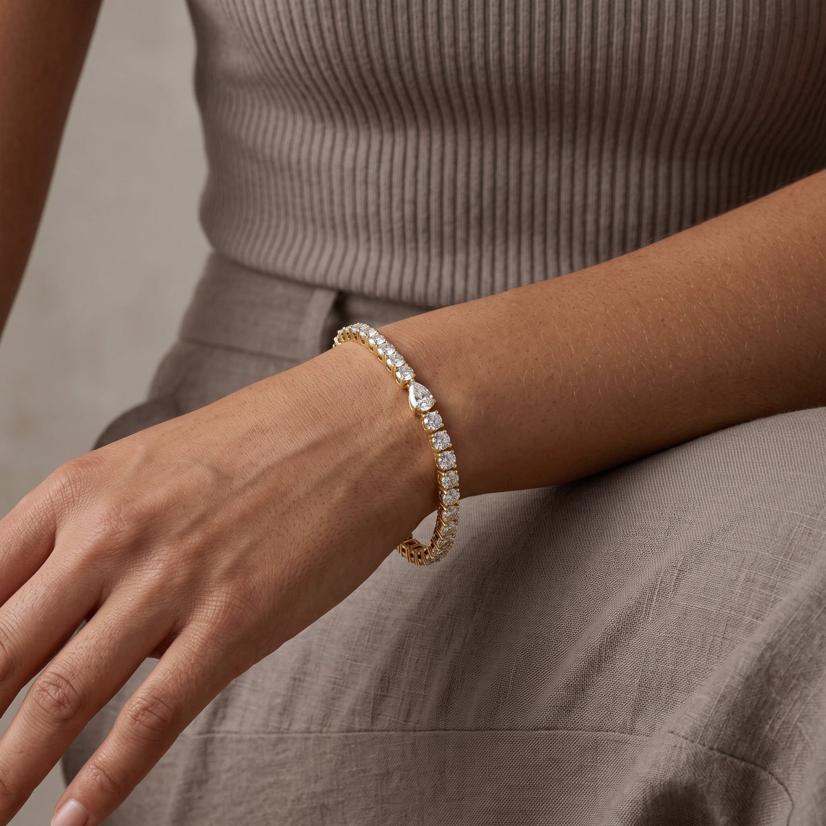 Yellow Gold Pear & Round Moissanite Tennis Bracelet