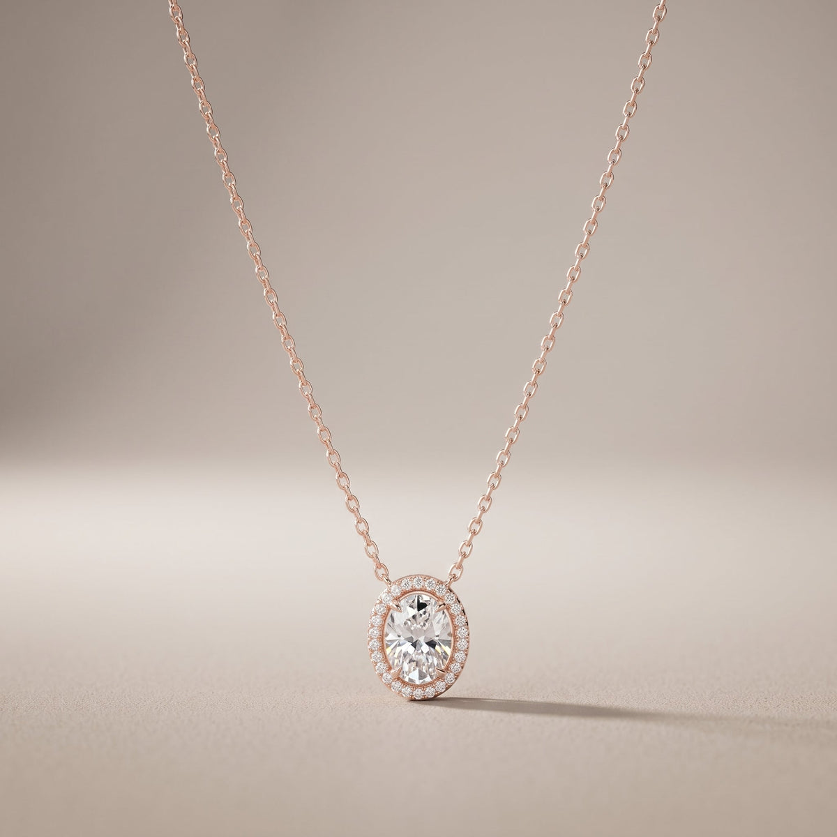 Rose Gold Oval Moissanite Halo Pendant Necklace