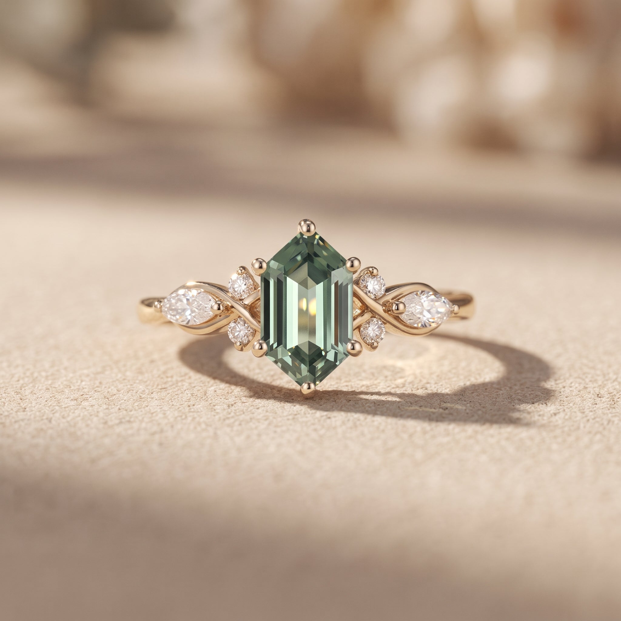 Yellow Gold Emerald Cut Moissanite Twisted Leaf Ring