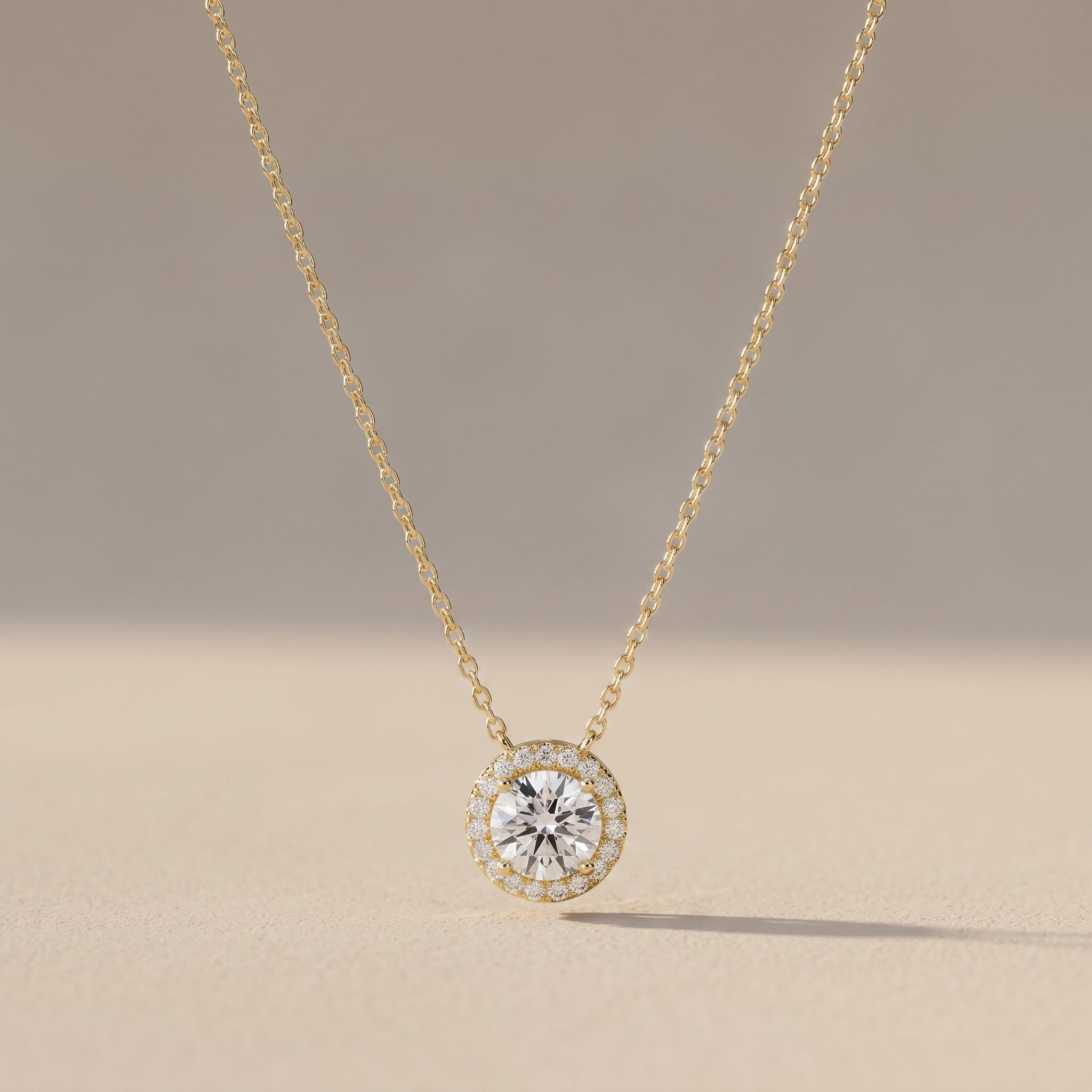 Yellow Gold Round Moissanite Halo Pendant Necklace