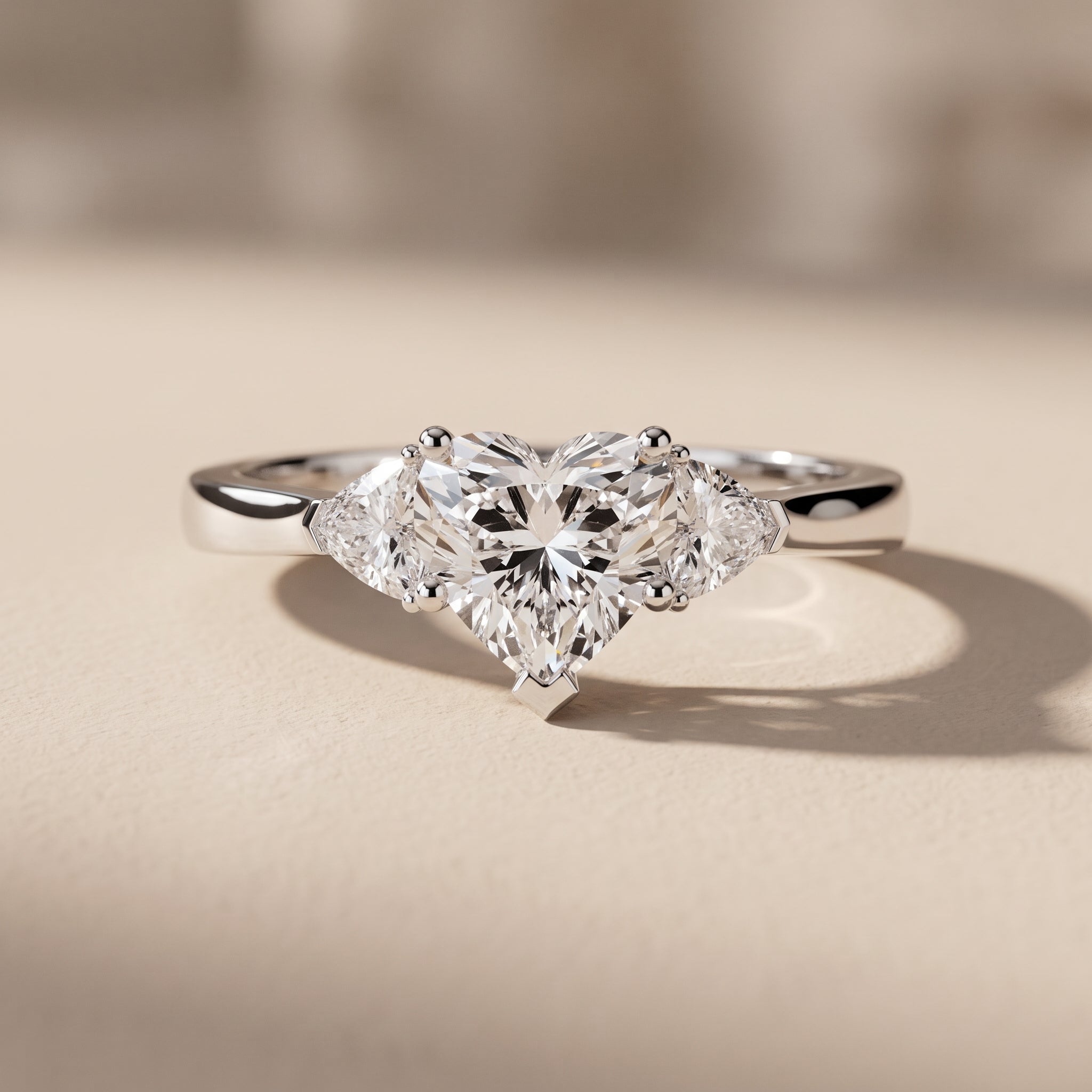 White Metal Heart Cut Moissanite Three Stone Engagement Ring