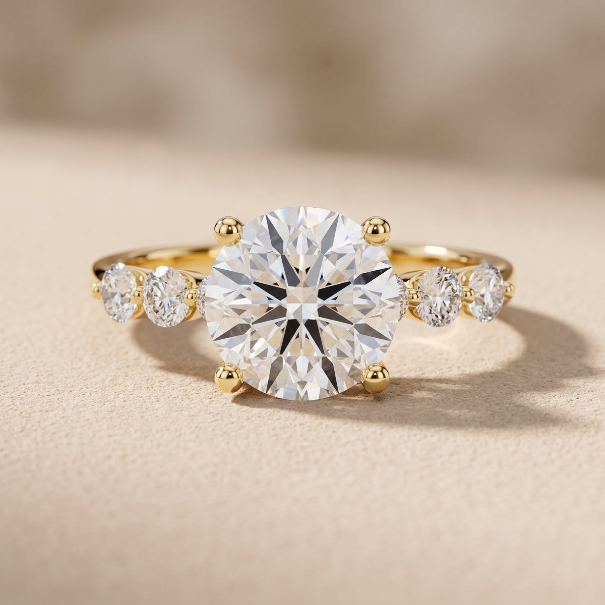 Yellow Gold Round Moissanite Engagement Ring with Side Stones