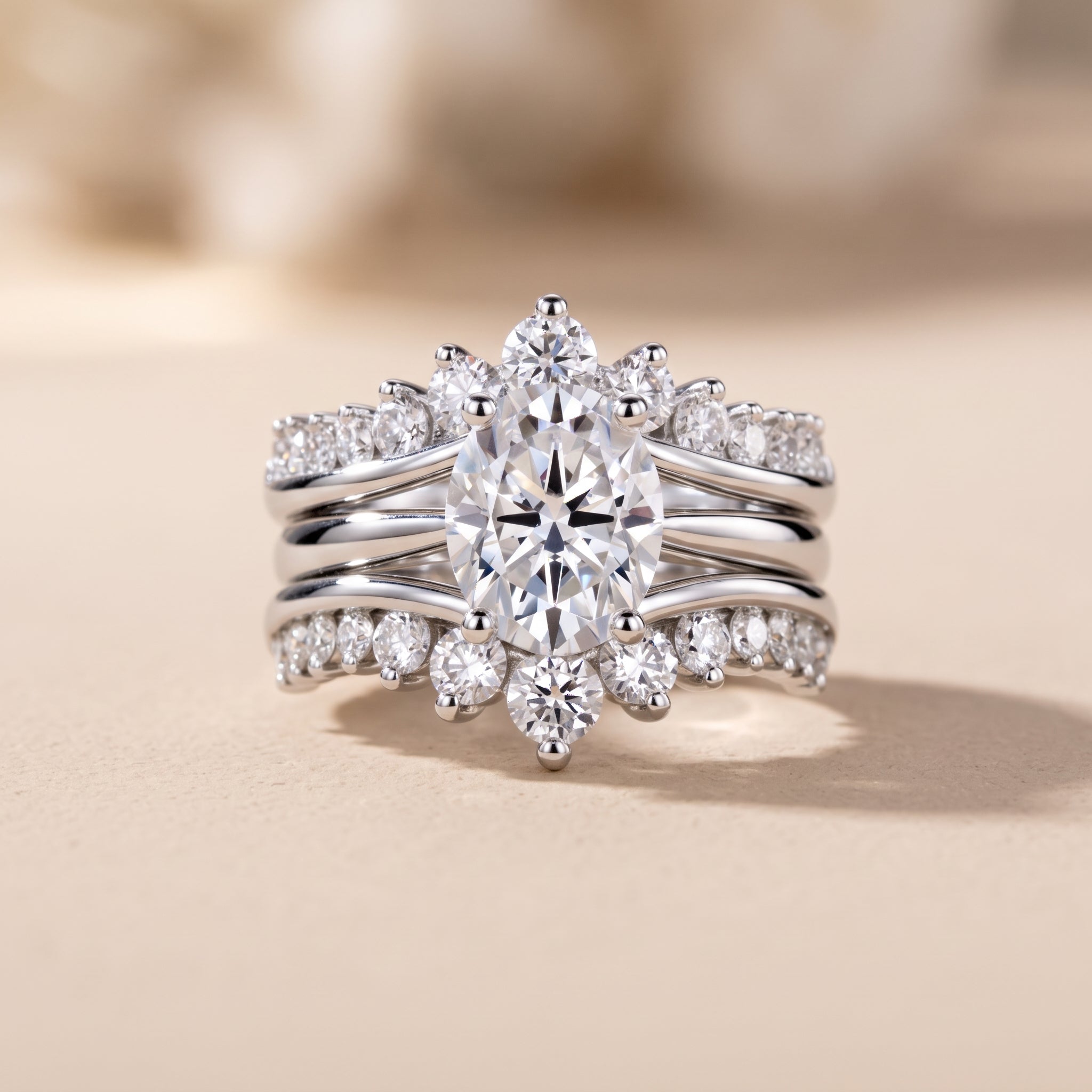 White Metal Oval Cut Moissanite Bridal Ring Set